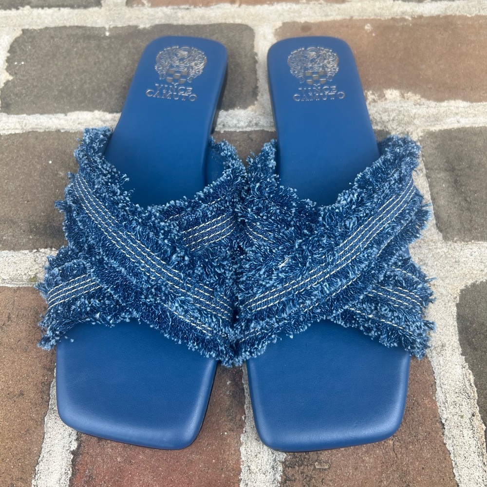Vince Camuto Alanina Blue Denim Frayed Fringe Square Toe Flat Slides Mules 10